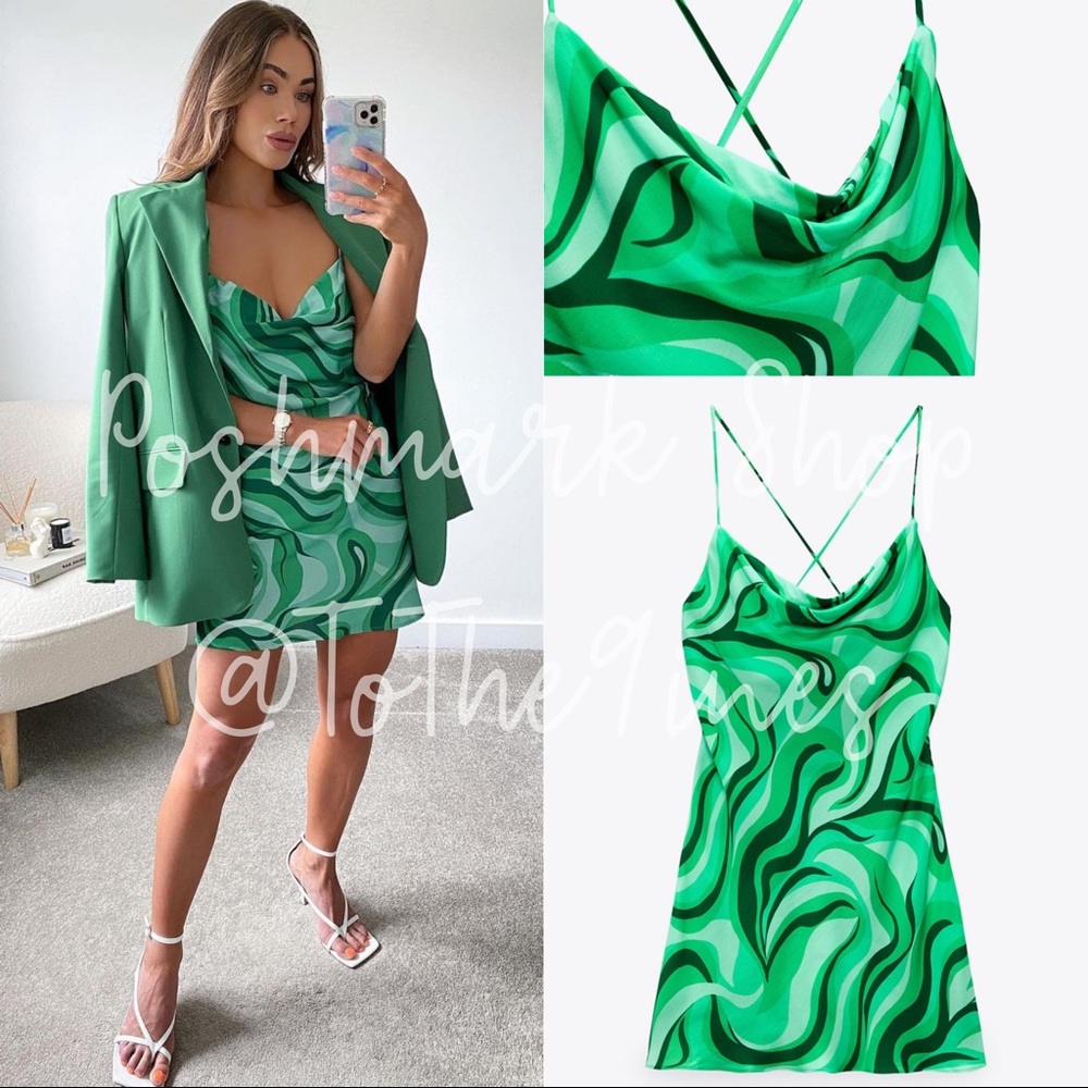 Zara Satin Effect Wavy Green Mini Dress Small